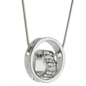 Silver Tone Heart Spinner Necklace Crystal Pavé Circle Pendant Snake Chain 18”